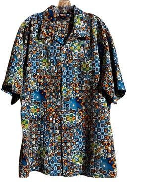 Silver Point Men’s Shirt XXL Blue Orange Bold Geometric Short-Sleeve Button-Down